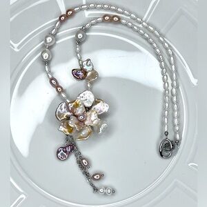 🔥🔥 Handmade Freshwater Champagne Gold Double Layer Flower 🌺 Keshi Pearl Necklace